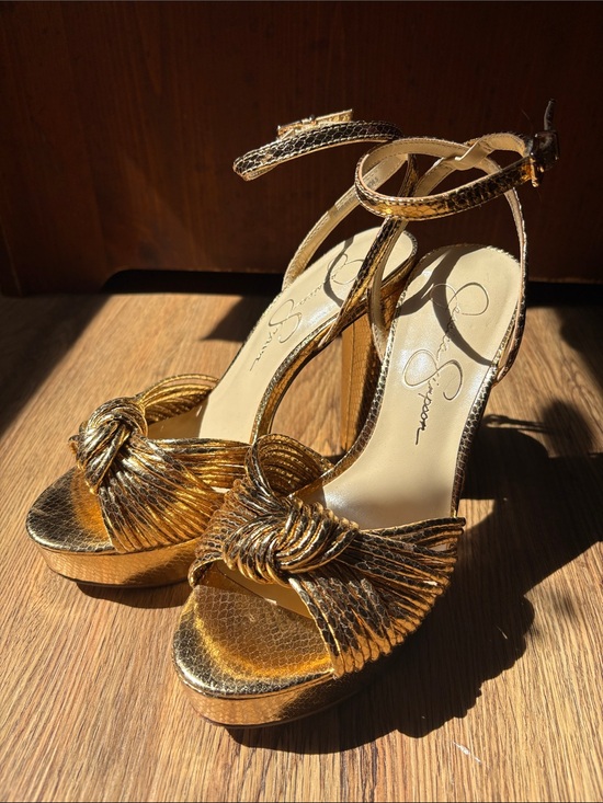 Jessica Simpson Shoes - Jessica Simpson Metallic Gold Knotted Ankle-Strap Platform Heels
